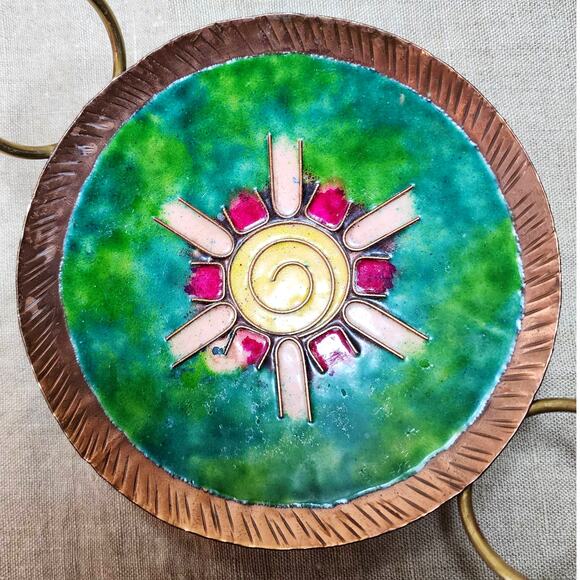 Vintage Round Copper Enamel Jewelry Tray-Unique Boho Trinket Dish with Handles - Picture 2 of 7